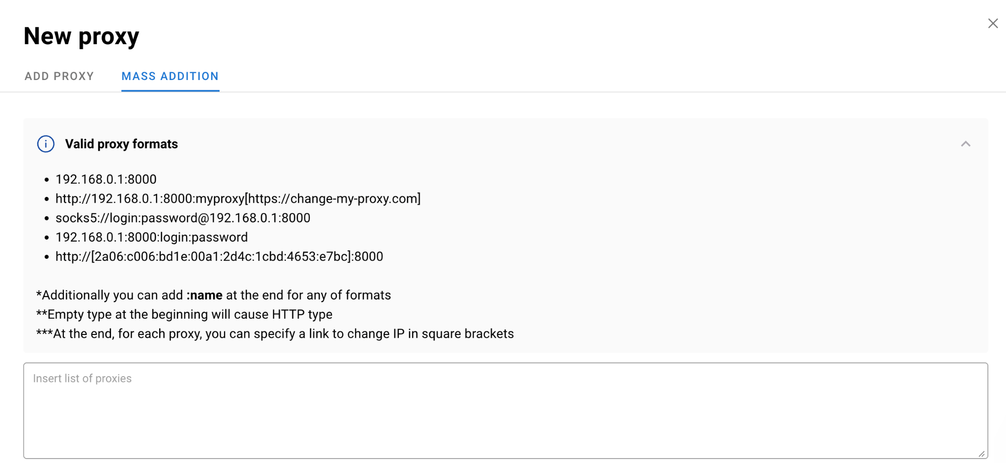 Dolphin Anty bulk proxy import screen showing the valid proxy formats.