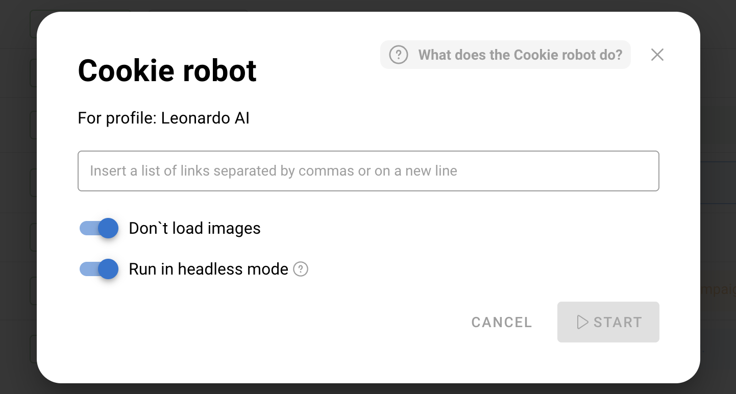 The Dolphin Anty Cookie Robot dialog with options to skip images and run in headless mode.
