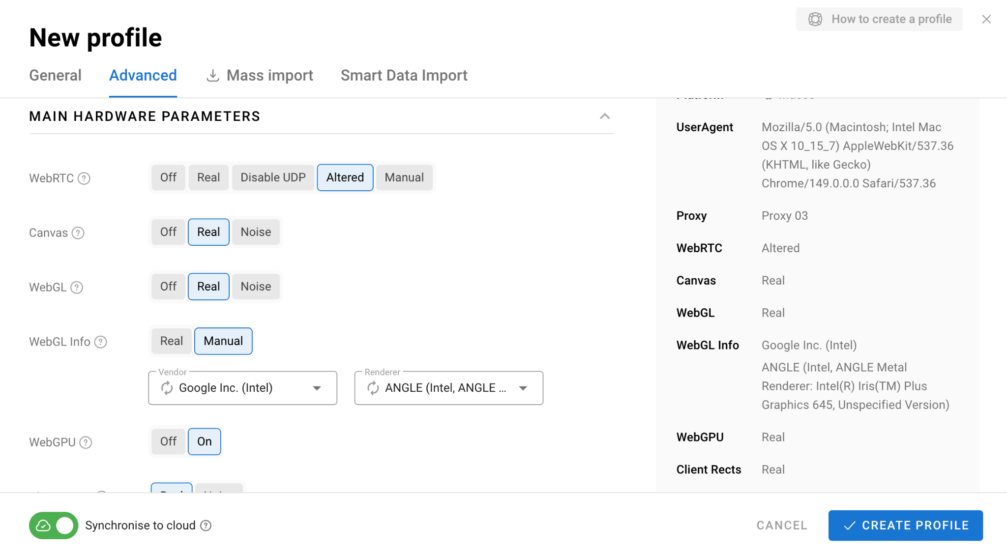 Dolphin Anty advanced fingerprint settings with controls for WebRTC, Canvas, WebGL, and WebGPU.