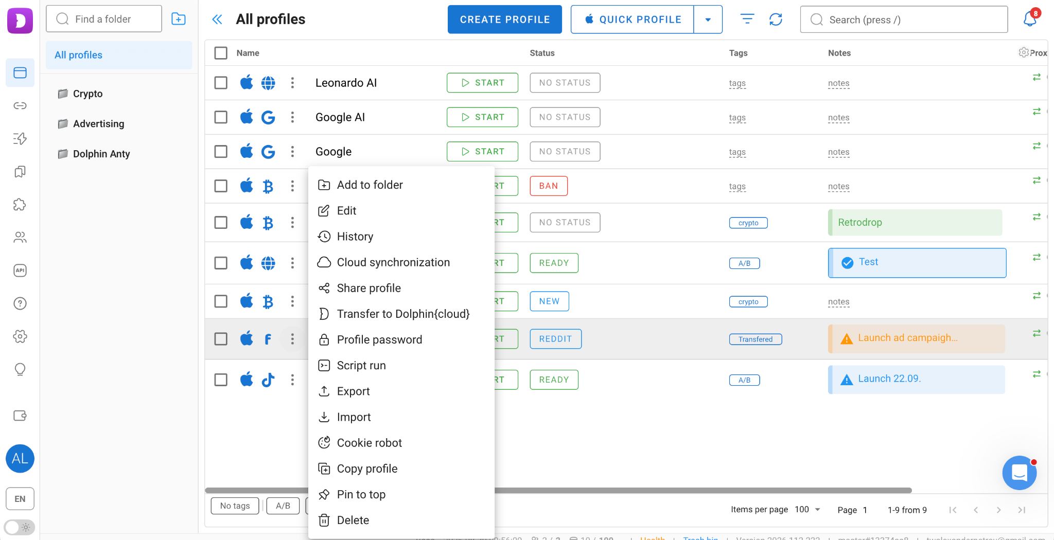The Dolphin Anty profiles table showing status, tags, notes, and the profile context menu.