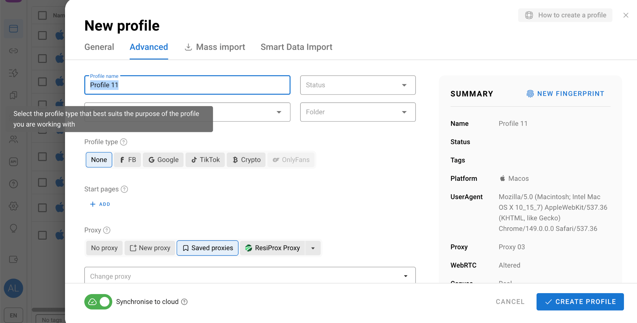 Creating a new profile in Dolphin Anty with profile types for Facebook, Google, TikTok, Crypto, and OnlyFans.