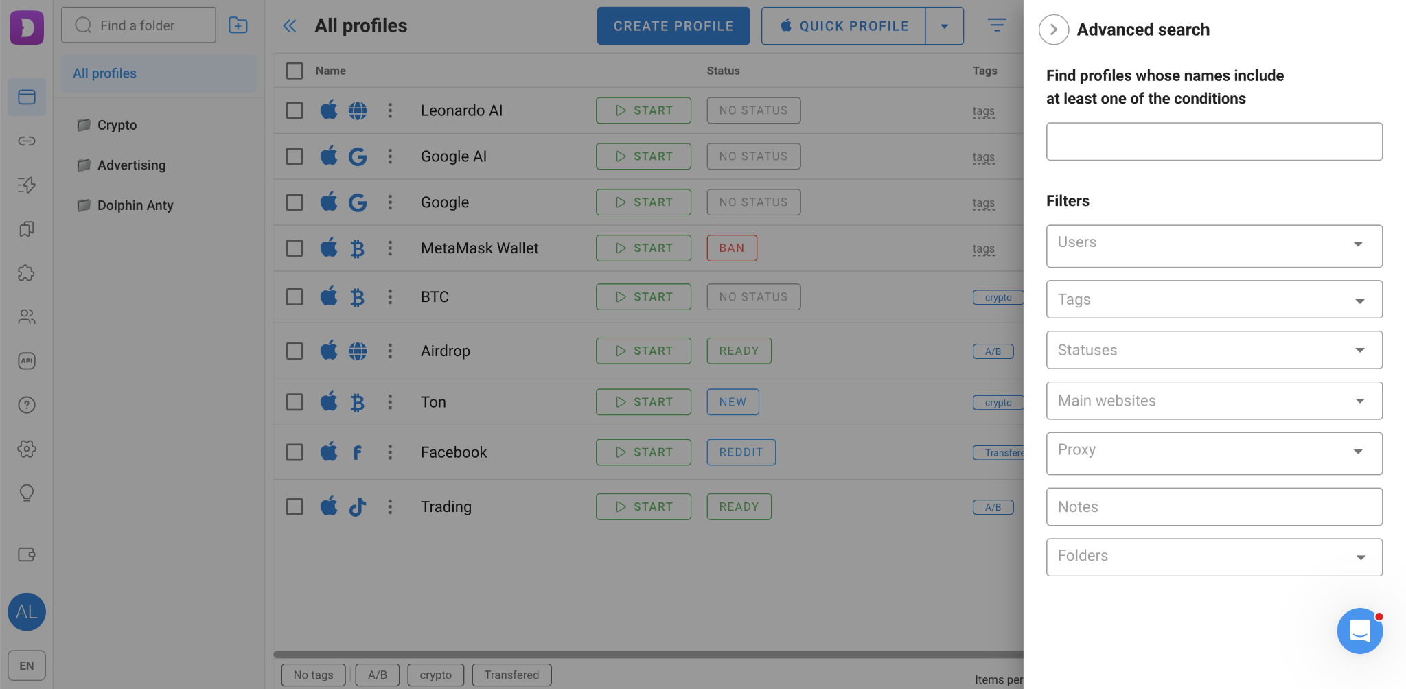 Dolphin Anty advanced search panel with filters for users, tags, statuses, proxies, and folders.