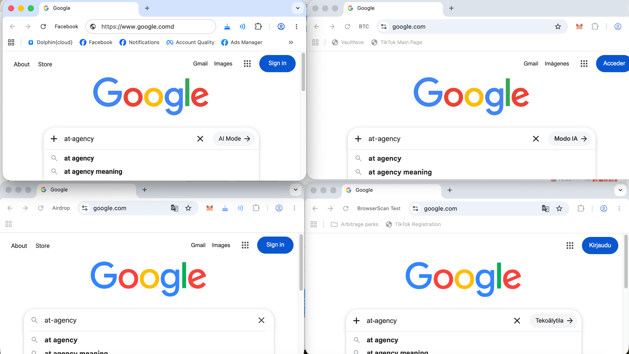 Four browser windows open side by side, each with its own fingerprint, mirrored by the Dolphin Anty Synchronizer.
