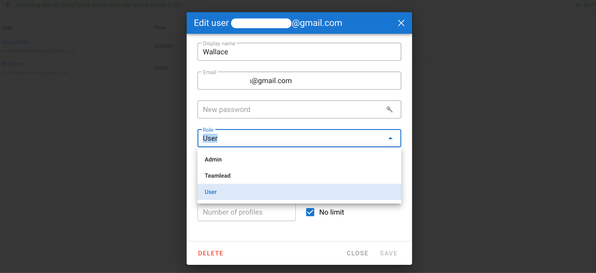 Editing a team member in Dolphin Anty and assigning an Admin, Teamlead, or User role.